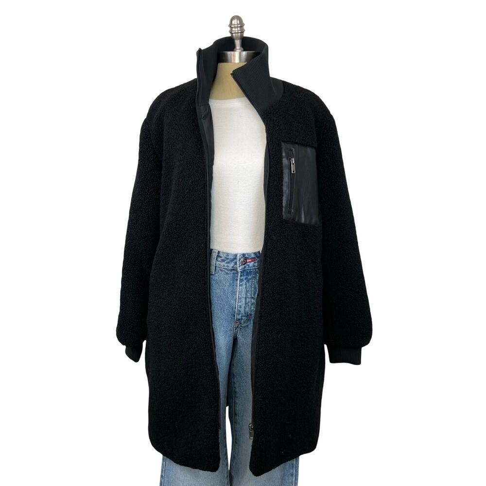 NVLT Women's Black Sherpa Full Zip Teddy Long Jacket Coat (Sz L)